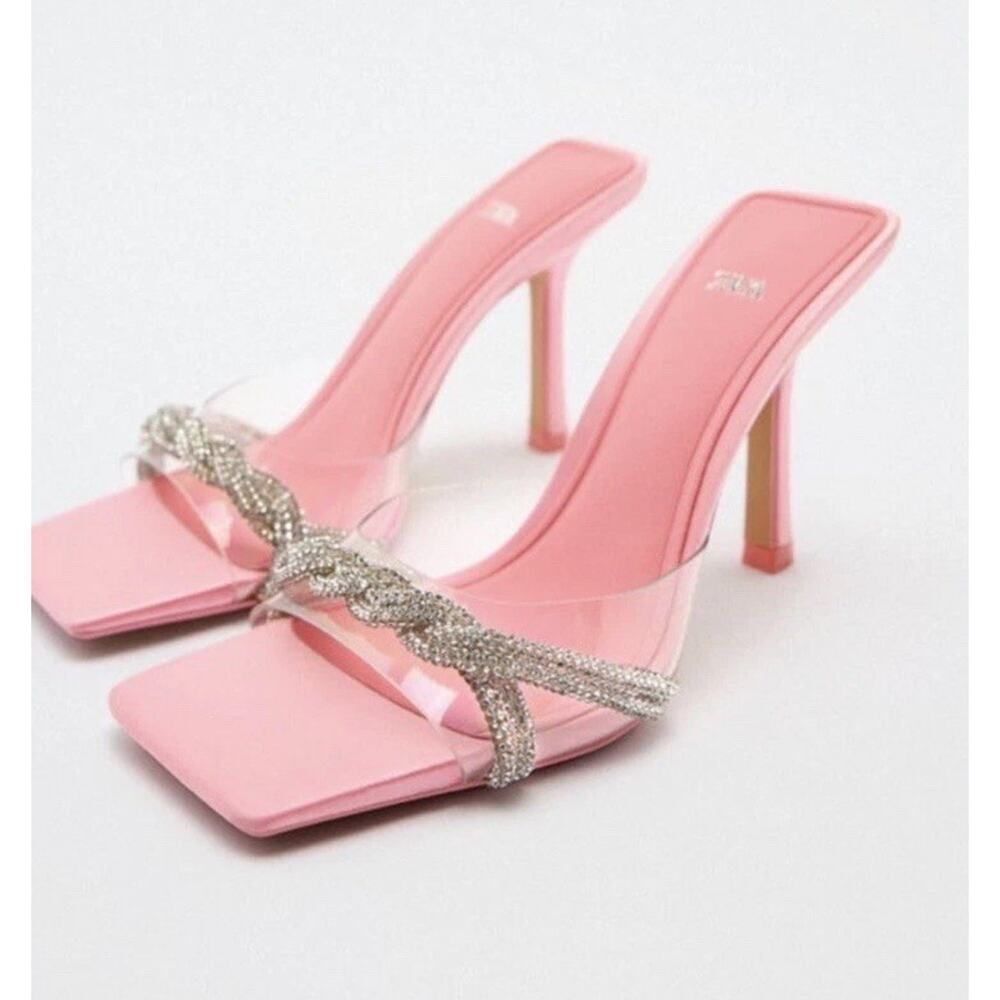 ZARA Pink Rhinestone Heels Clear Strap Mule Sandals Square Toe Size 7.5